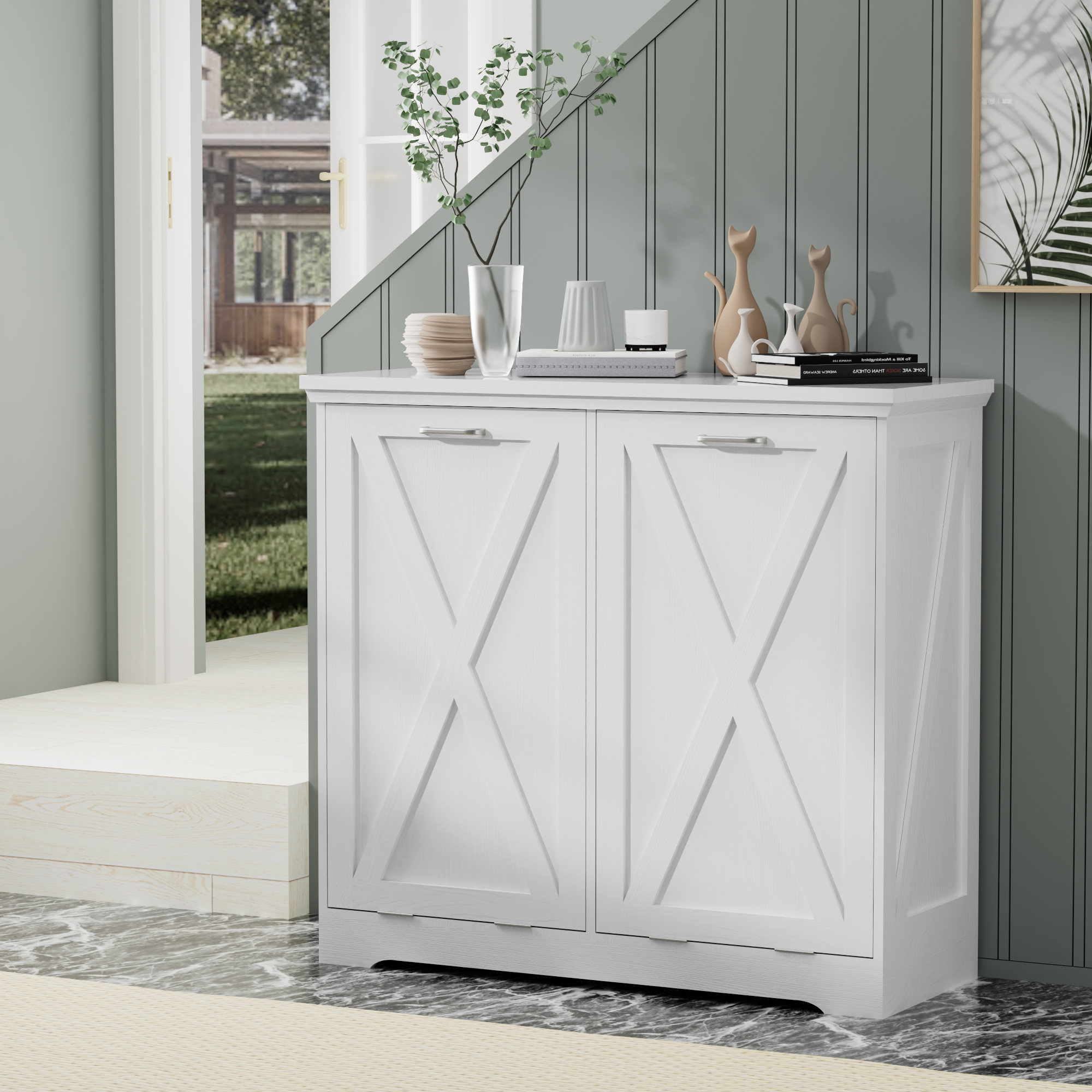 26-Gallon Tilt-Out Trash Can Cabinet, Hidden Trash Bin with Deodorizing & Negative Ion Technology, Pet-Proof Design for Kitchen, Dining Room, Living Room, White