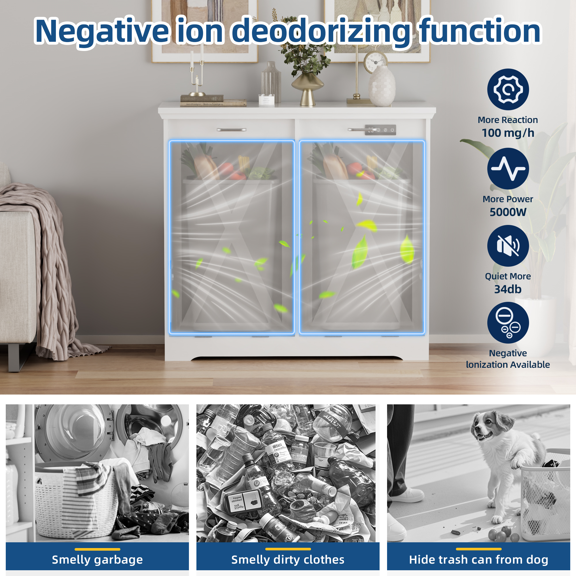 26-Gallon Tilt-Out Trash Can Cabinet, Hidden Trash Bin with Deodorizing & Negative Ion Technology, Pet-Proof Design for Kitchen, Dining Room, Living Room, White