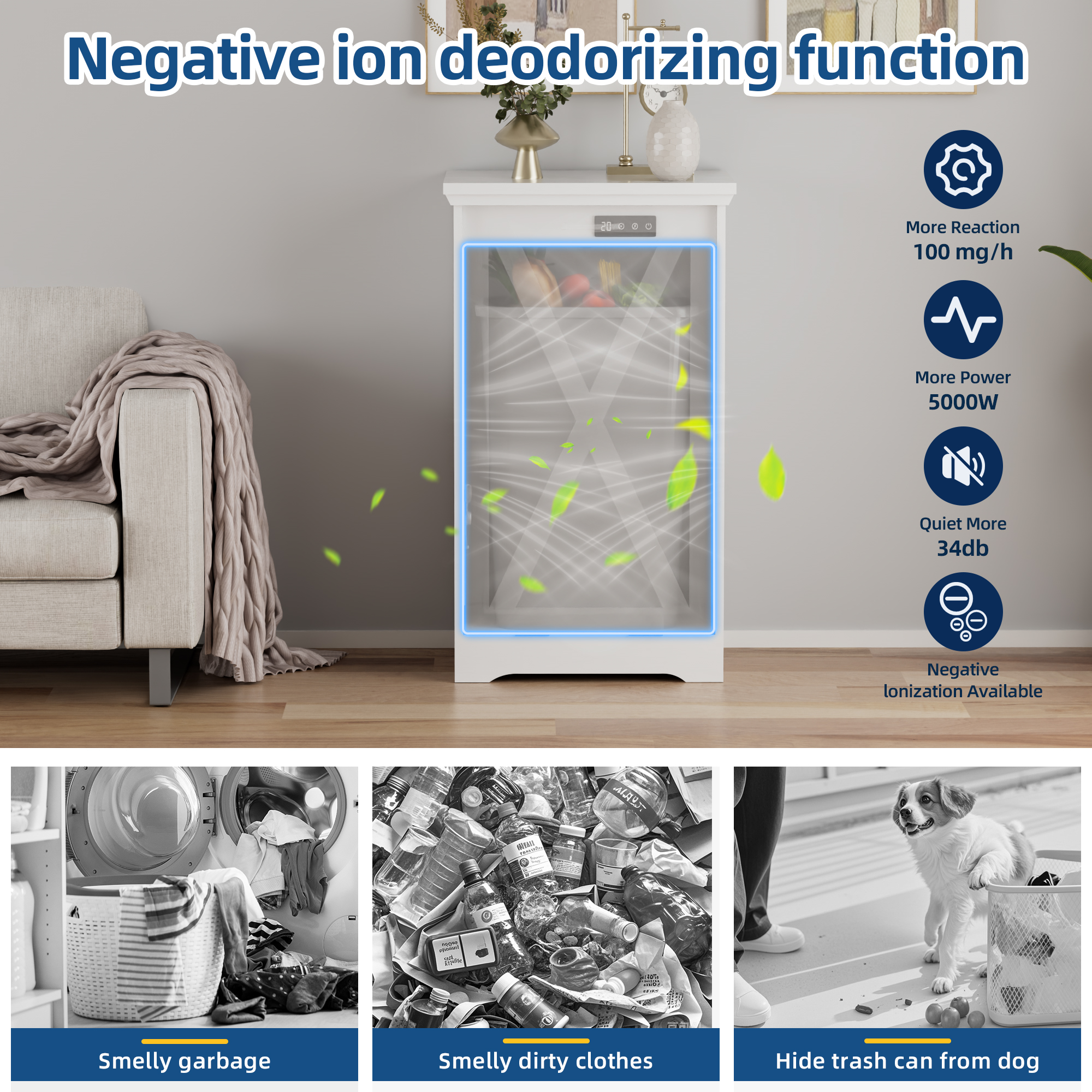 13-Gallon Tilt-Out Trash Can Cabinet, Hidden Trash Bin with Deodorizing & Negative Ion Technology, Pet-Proof Design for Kitchen, Dining Room, Living Room, White