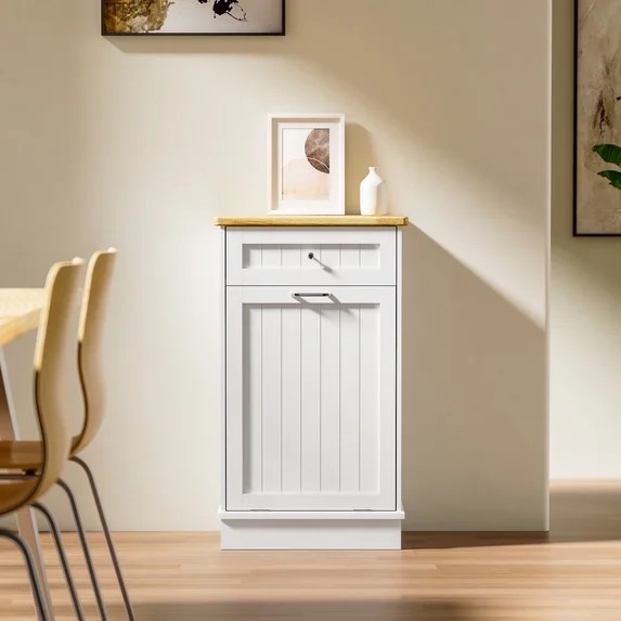 GETYES Single Tilt Out Trash Cabinet, Wooden 10 Gallon Recycling Cabinet, White
