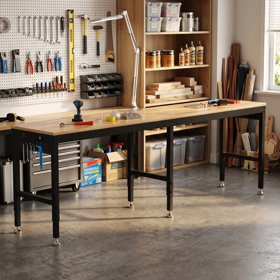 Getyes 84" L-Shaped Workbench with Power Outlets, 5000 LBS Heavy Duty Adjustable 2-in-1 Work Table, Rubber Wood Pegboard Workstation for Garage and Workshop