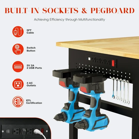 GetYes 60" Adjustable Tool Table with Footpads: Single Hanging Board, Drawers, Power Strip for Garage, Office, and Home Workshops