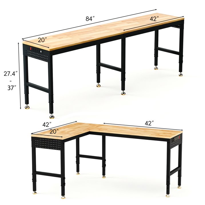 Getyes 84" L-Shaped Workbench with Power Outlets, 5000 LBS Heavy Duty Adjustable 2-in-1 Work Table, Rubber Wood Pegboard Workstation for Garage and Workshop
