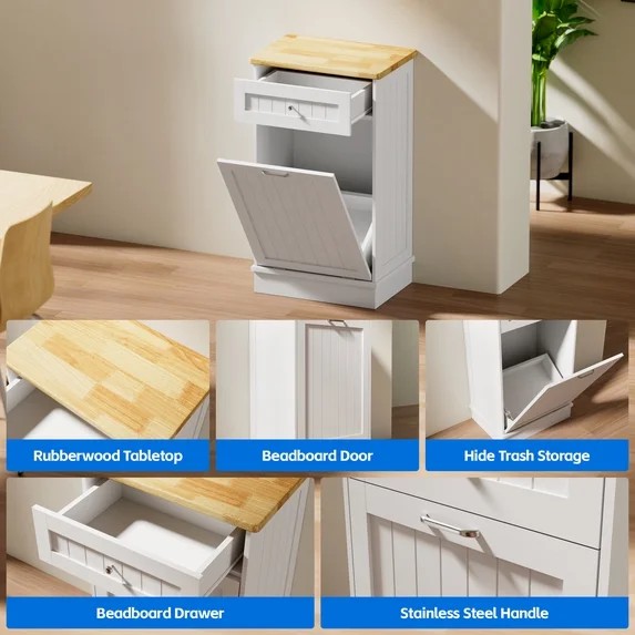 GETYES Single Tilt Out Trash Cabinet, Wooden 10 Gallon Recycling Cabinet, White