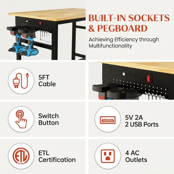 Getyes 84" L-Shaped Workbench with Power Outlets, 5000 LBS Heavy Duty Adjustable 2-in-1 Work Table, Rubber Wood Pegboard Workstation for Garage and Workshop