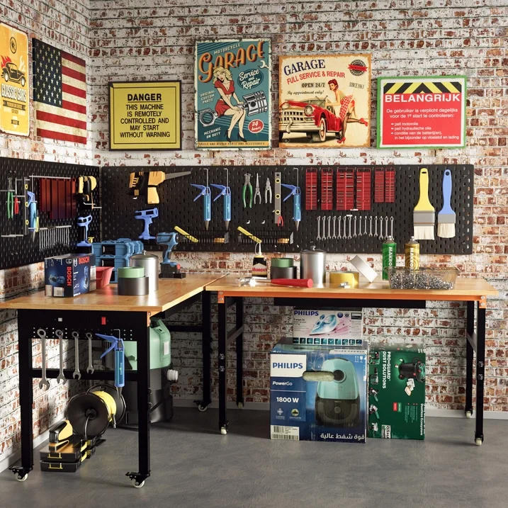 GetYes 60" Adjustable Tool Table with Footpads: Single Hanging Board, Drawers, Power Strip for Garage, Office, and Home Workshops