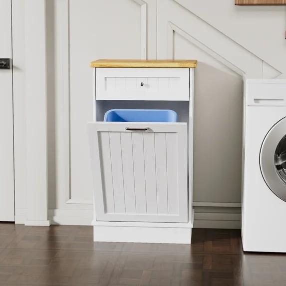 GETYES Single Tilt Out Trash Cabinet, Wooden 10 Gallon Recycling Cabinet, White