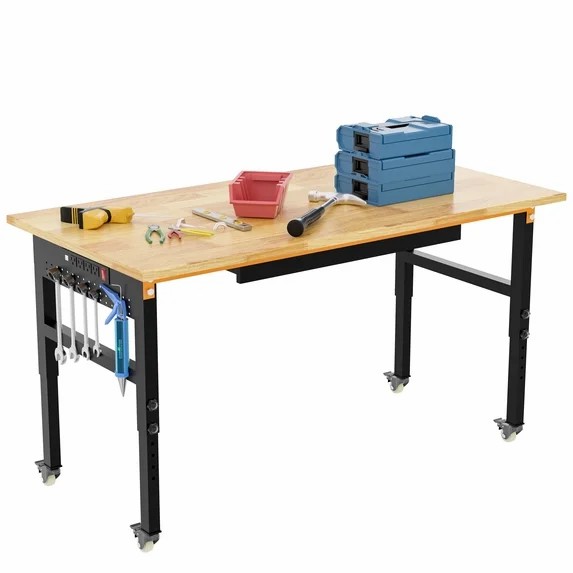 GetYes 60" Adjustable Tool Table with Footpads: Single Hanging Board, Drawers, Power Strip for Garage, Office, and Home Workshops