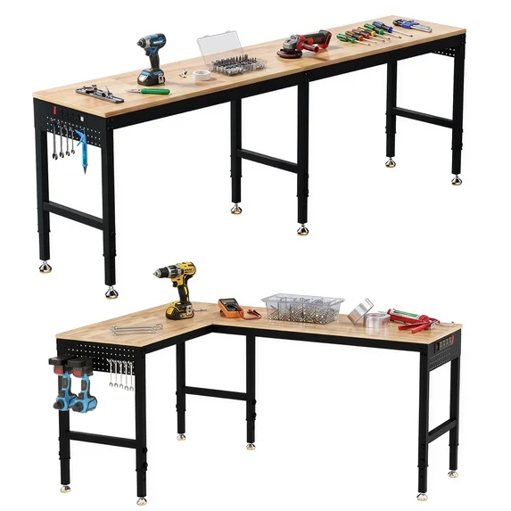 Getyes 84" L-Shaped Workbench with Power Outlets, 5000 LBS Heavy Duty Adjustable 2-in-1 Work Table, Rubber Wood Pegboard Workstation for Garage and Workshop