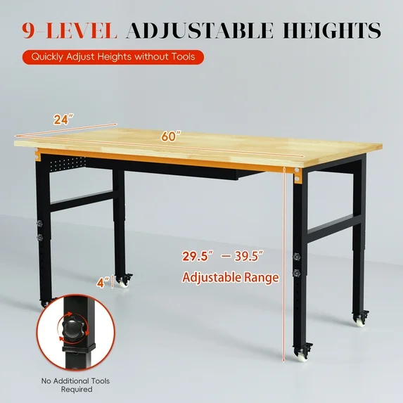 GetYes 60" Adjustable Tool Table with Footpads: Single Hanging Board, Drawers, Power Strip for Garage, Office, and Home Workshops