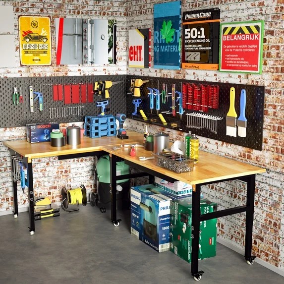 GetYes 60" Adjustable Tool Table with Footpads: Single Hanging Board, Drawers, Power Strip for Garage, Office, and Home Workshops