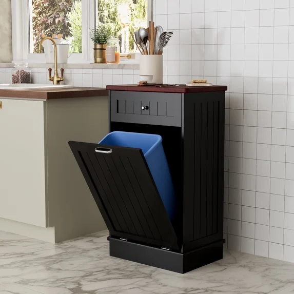 GETYES Single Tilt Out Trash Cabinet, Wooden 10 Gallon Recycling Cabinet, White