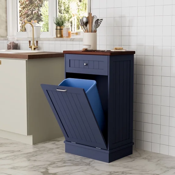 GETYES Single Tilt Out Trash Cabinet, Wooden 10 Gallon Recycling Cabinet, White