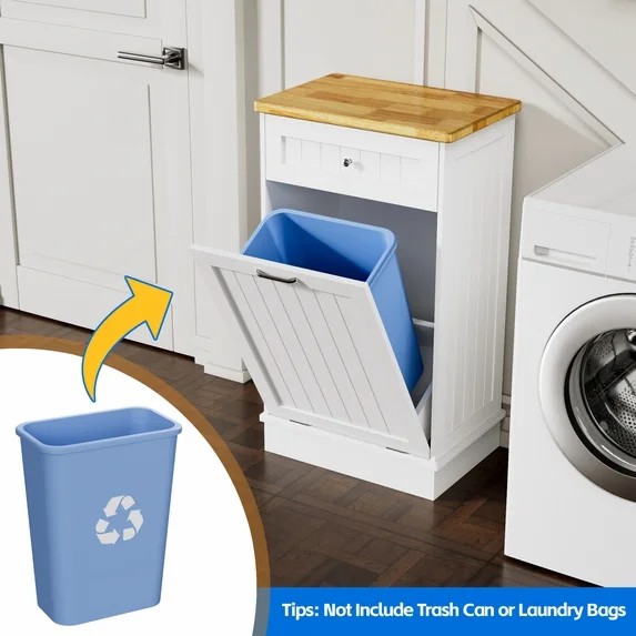 GETYES Single Tilt Out Trash Cabinet, Wooden 10 Gallon Recycling Cabinet, White