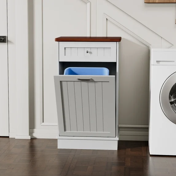 GETYES Single Tilt Out Trash Cabinet, Wooden 10 Gallon Recycling Cabinet, White