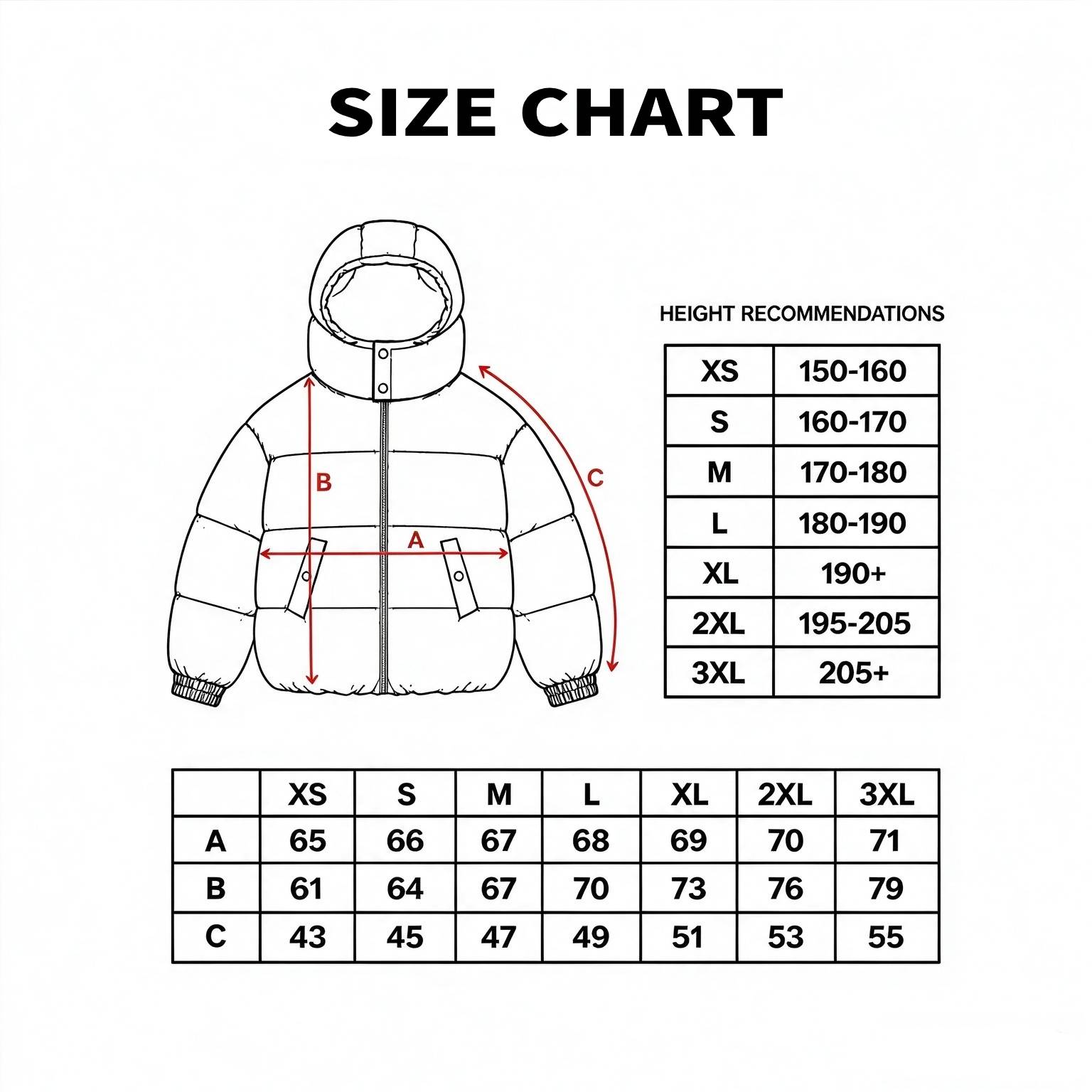 Puffer jacket size chart