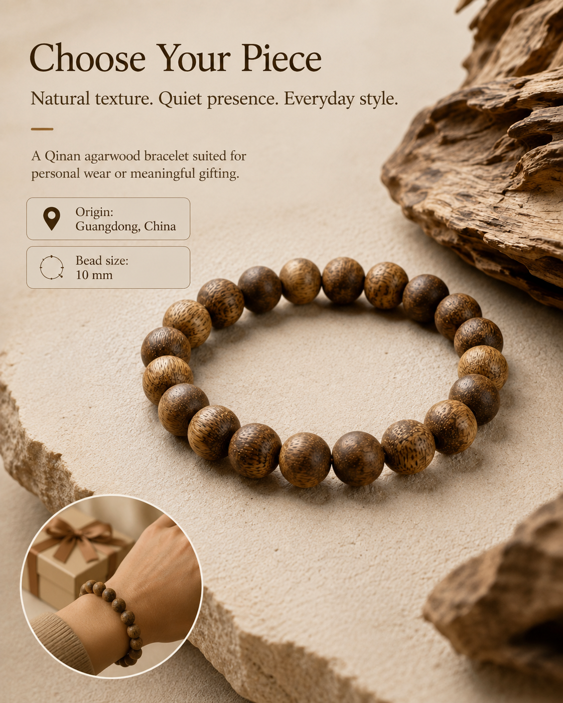 Qinvel™ Qinan Agarwood Bracelet – 10mm Natural Bead Bracelet
