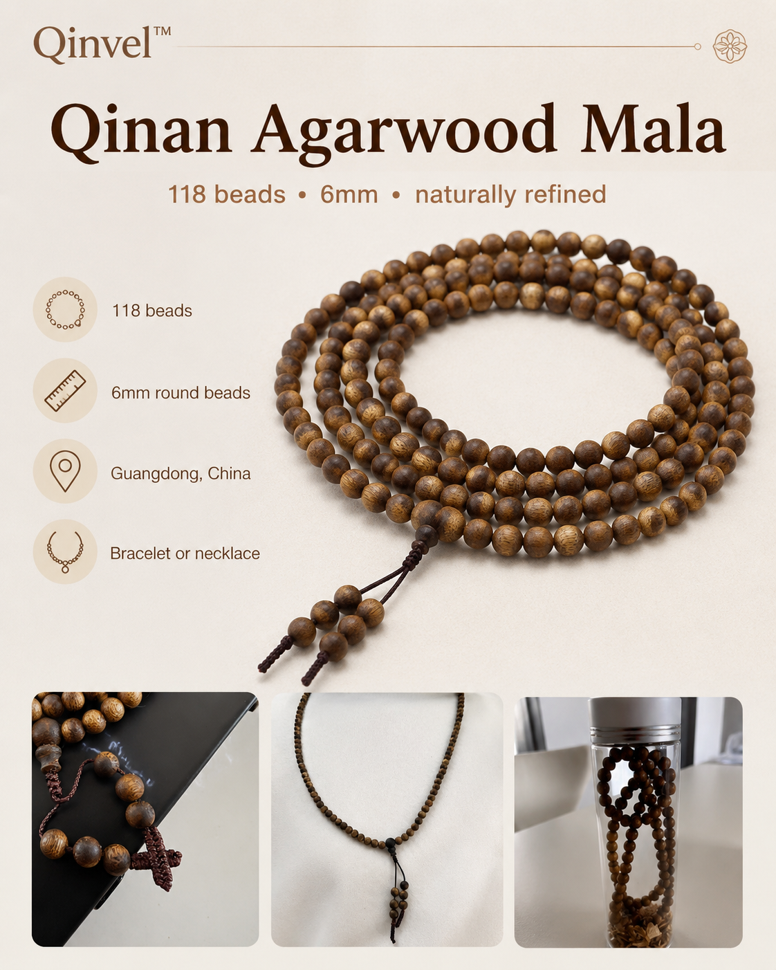 Qinvel™ Qinan Agarwood 118-Bead Mala | 6mm Round Beads | Bracelet & Necklace