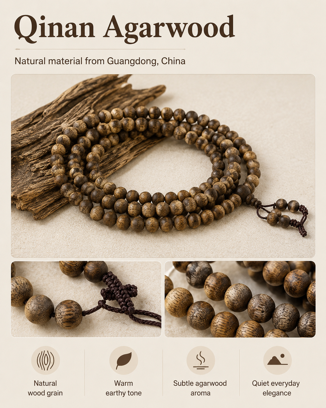 Qinvel™ Qinan Agarwood 118-Bead Mala | 6mm Round Beads | Bracelet & Necklace
