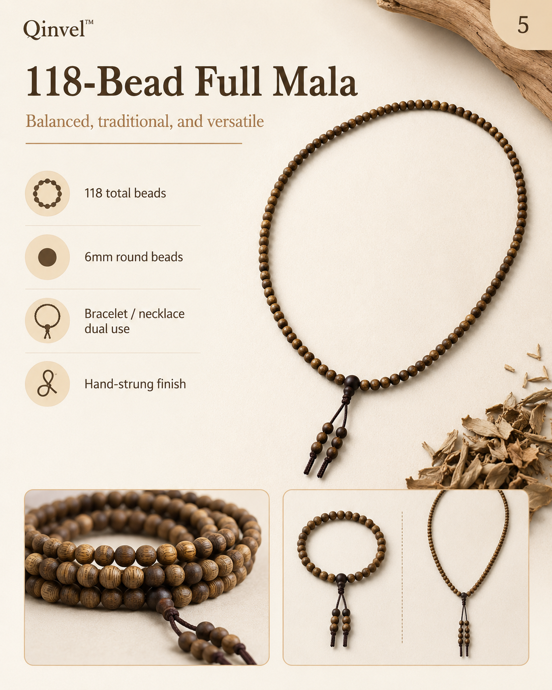 Qinvel™ Qinan Agarwood 118-Bead Mala | 6mm Round Beads | Bracelet & Necklace