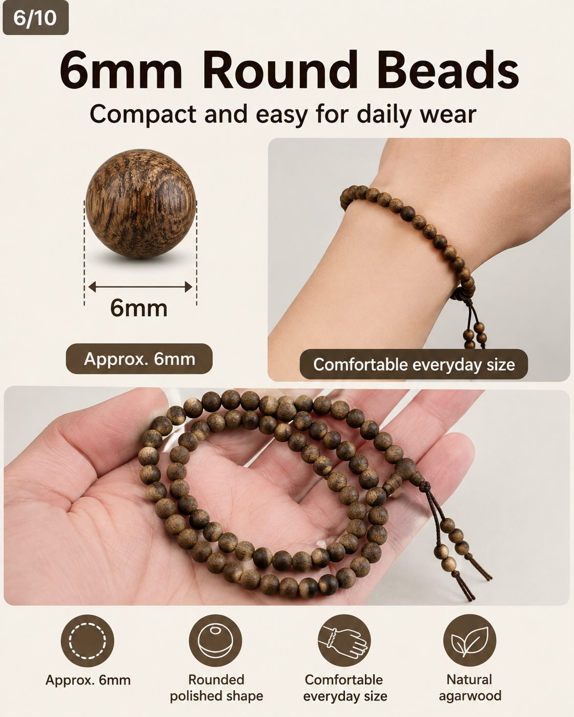 Qinvel™ Qinan Agarwood 118-Bead Mala | 6mm Round Beads | Bracelet & Necklace