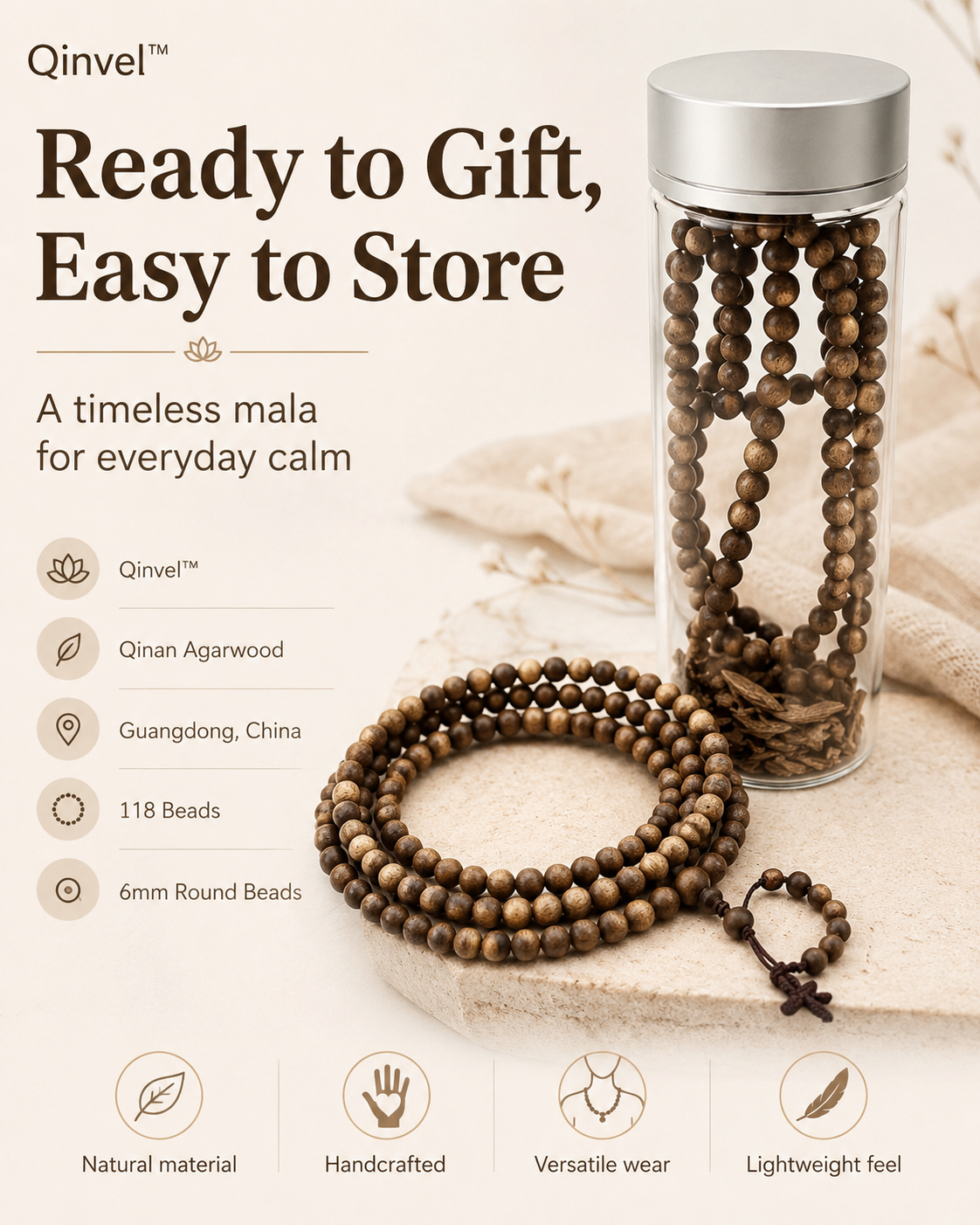 Qinvel™ Qinan Agarwood 118-Bead Mala | 6mm Round Beads | Bracelet & Necklace