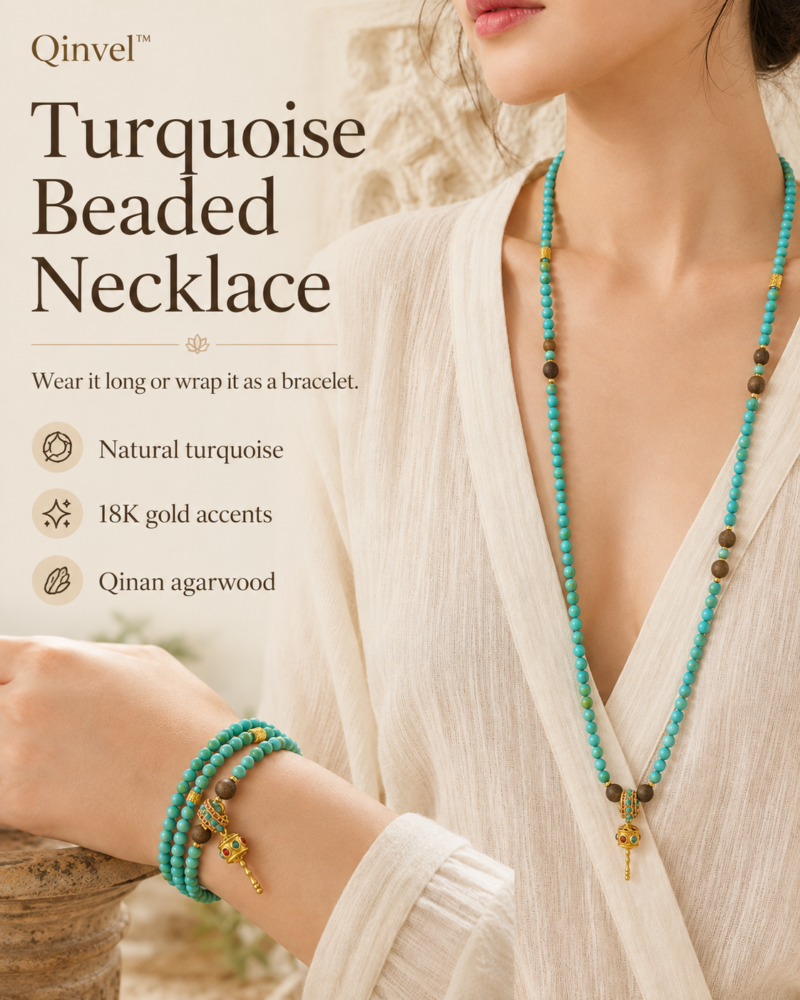 Qinvel™ Natural Turquoise, Qinan Agarwood & 18K Gold Convertible Beaded Necklace