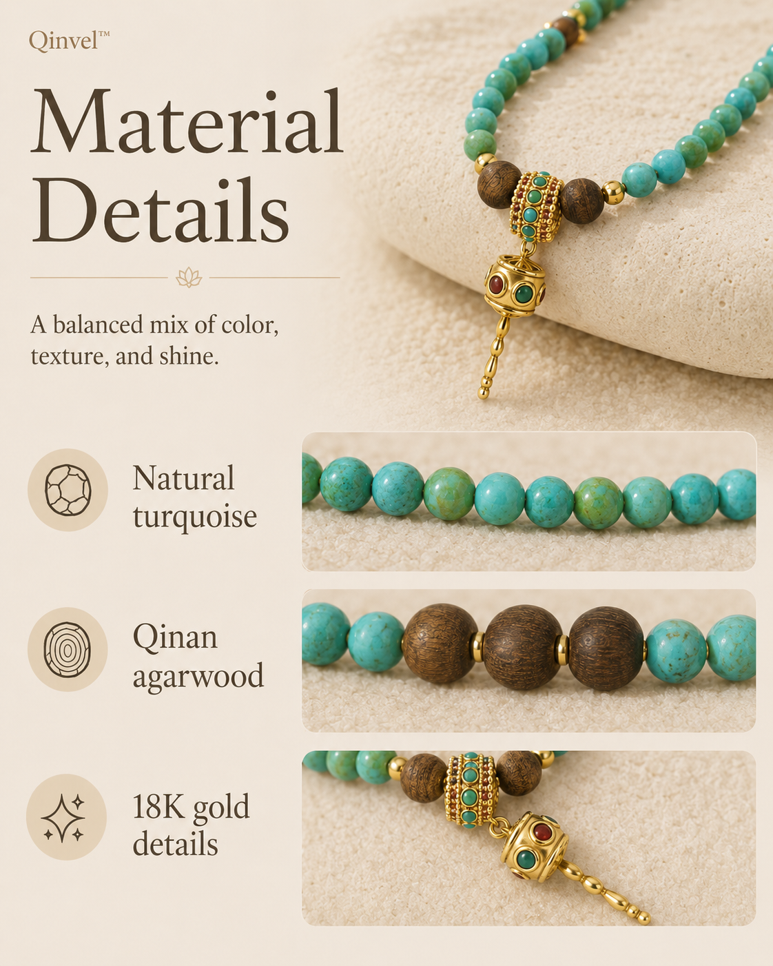 Qinvel™ Natural Turquoise, Qinan Agarwood & 18K Gold Convertible Beaded Necklace
