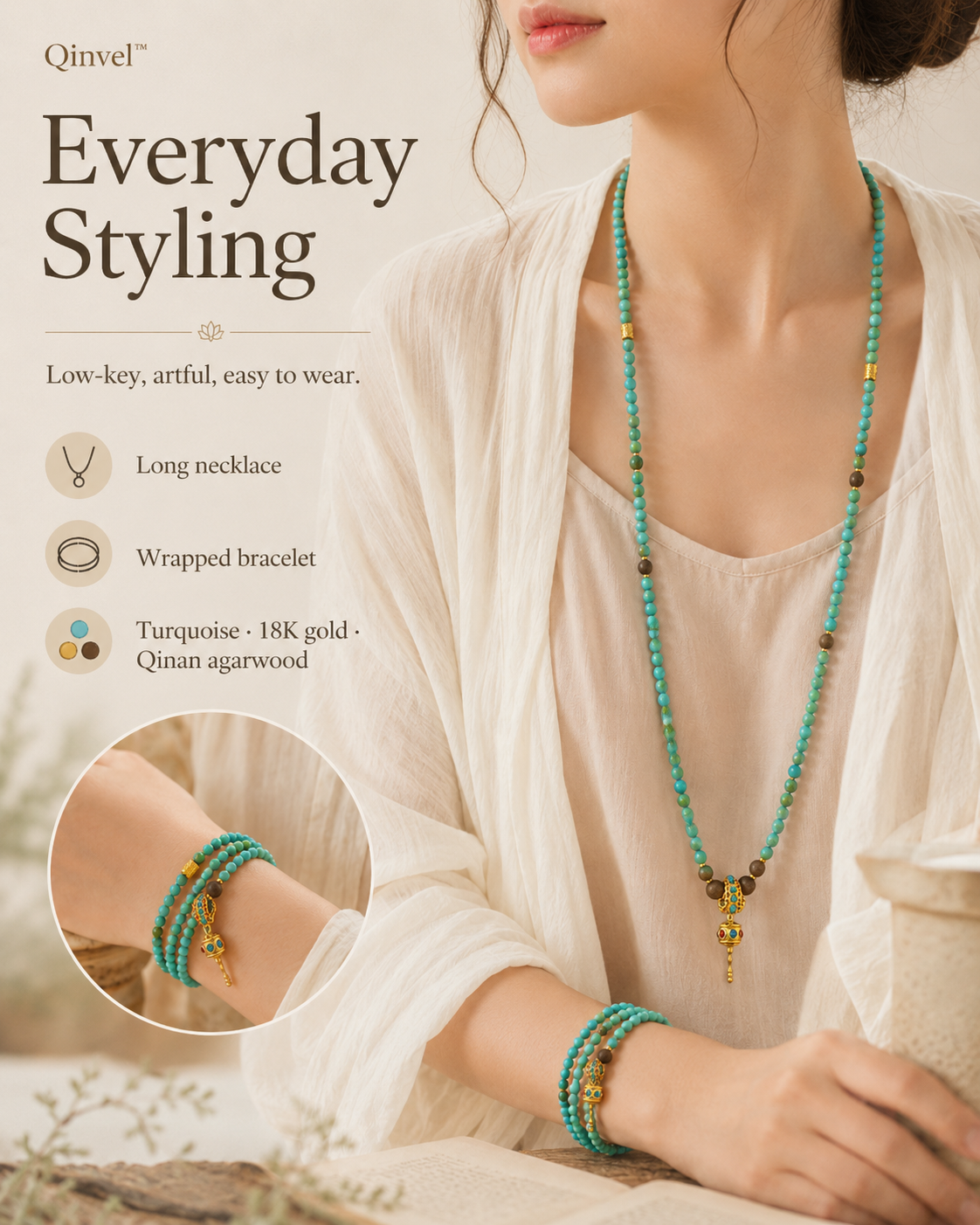 Qinvel™ Natural Turquoise, Qinan Agarwood & 18K Gold Convertible Beaded Necklace