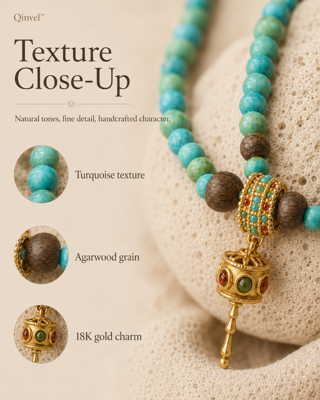 Qinvel™ Natural Turquoise, Qinan Agarwood & 18K Gold Convertible Beaded Necklace