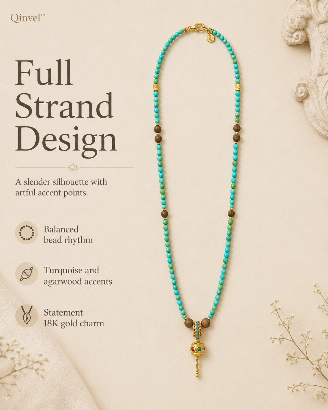 Qinvel™ Natural Turquoise, Qinan Agarwood & 18K Gold Convertible Beaded Necklace