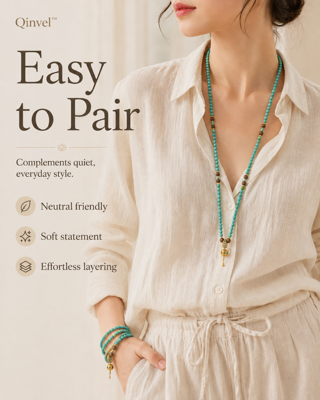 Qinvel™ Natural Turquoise, Qinan Agarwood & 18K Gold Convertible Beaded Necklace