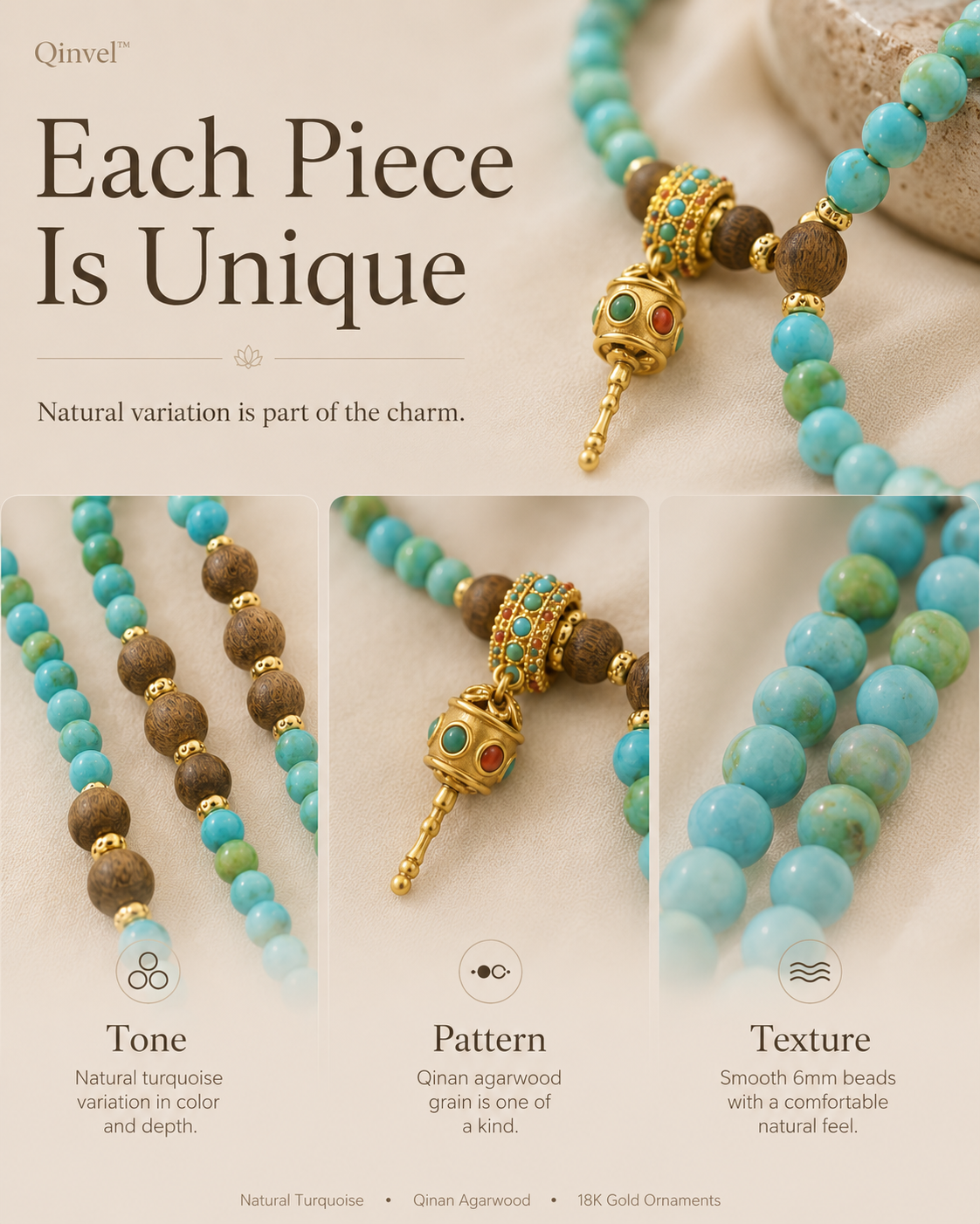 Qinvel™ Natural Turquoise, Qinan Agarwood & 18K Gold Convertible Beaded Necklace