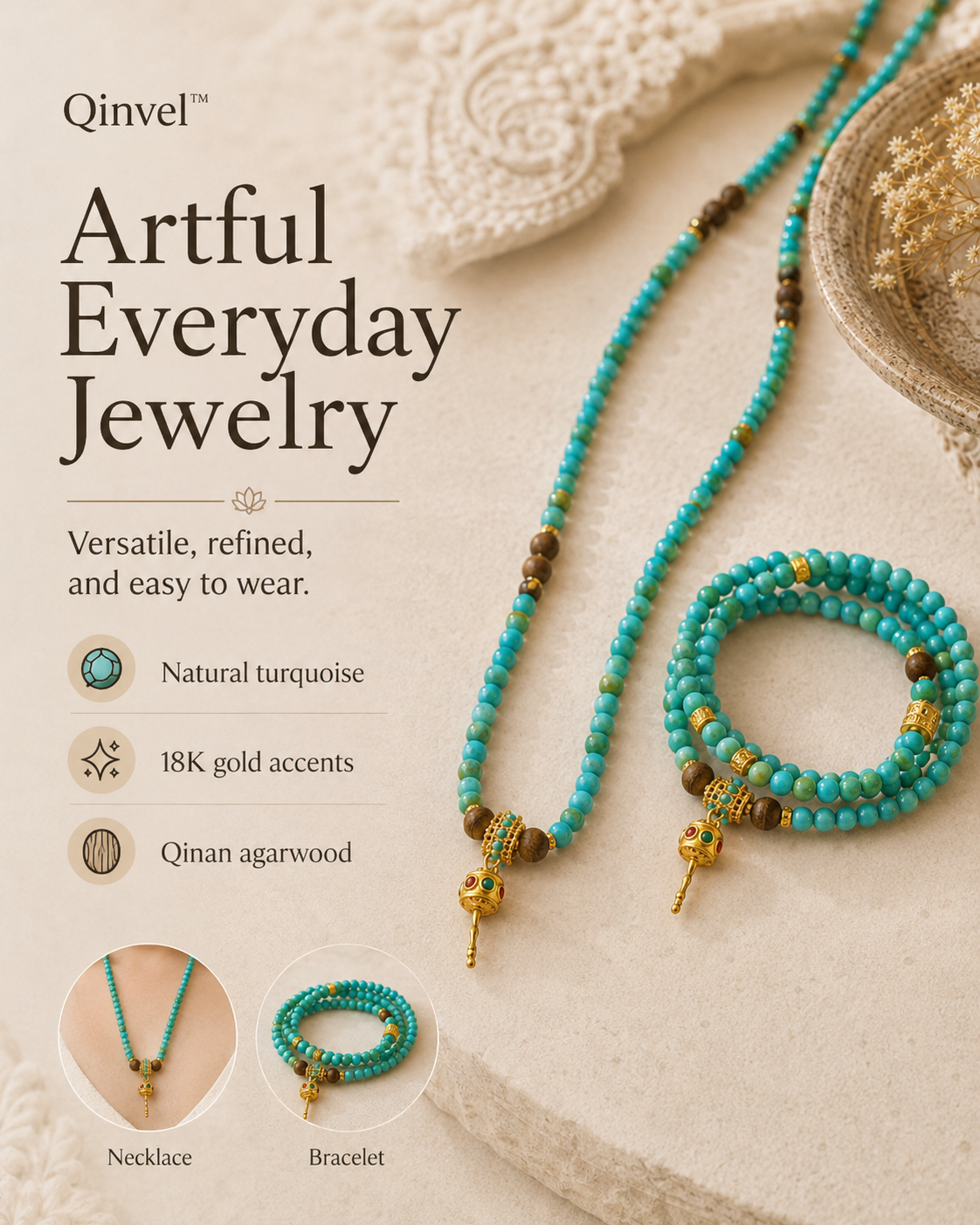 Qinvel™ Natural Turquoise, Qinan Agarwood & 18K Gold Convertible Beaded Necklace