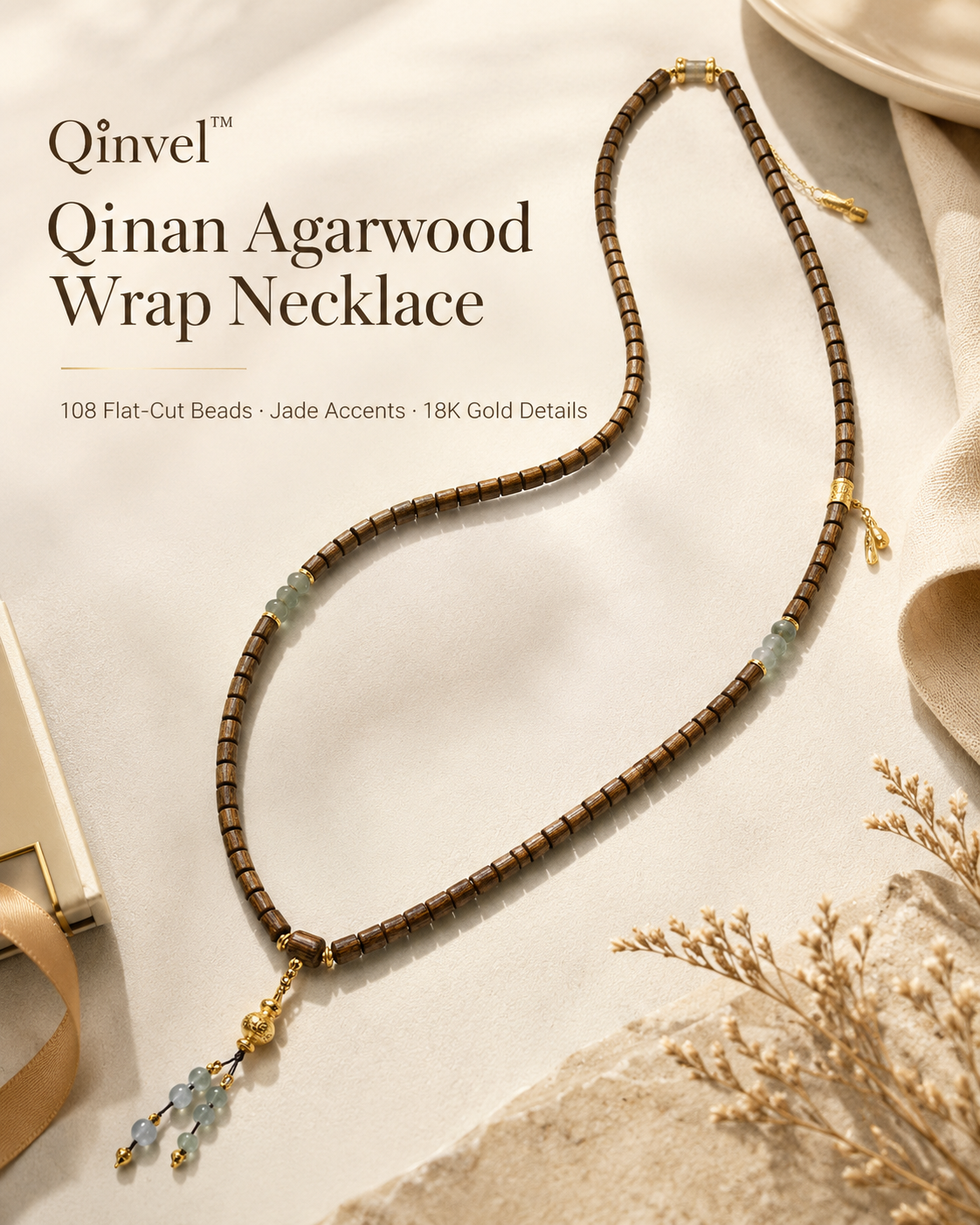Qinvel™ Qinan Agarwood & Jadeite 108-Bead Wrap Necklace with 18K Gold Details