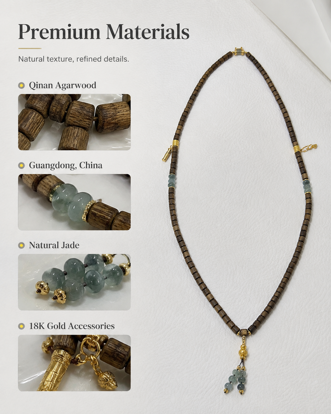 Qinvel™ Qinan Agarwood & Jadeite 108-Bead Wrap Necklace with 18K Gold Details