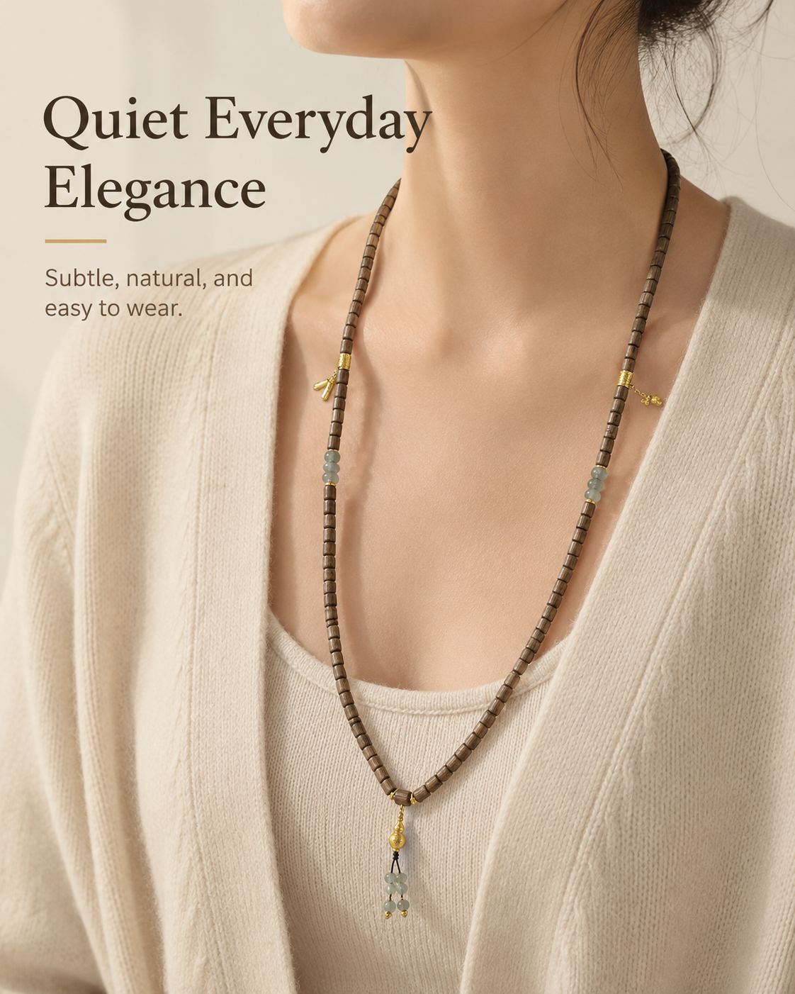 Qinvel™ Qinan Agarwood & Jadeite 108-Bead Wrap Necklace with 18K Gold Details
