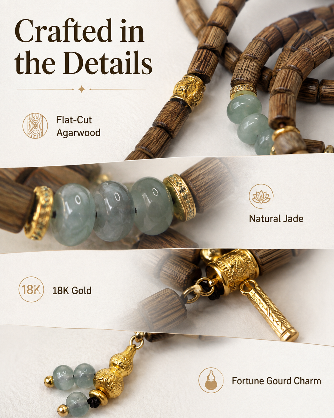 Qinvel™ Qinan Agarwood & Jadeite 108-Bead Wrap Necklace with 18K Gold Details