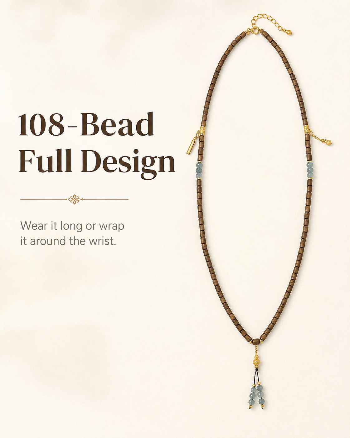 Qinvel™ Qinan Agarwood & Jadeite 108-Bead Wrap Necklace with 18K Gold Details