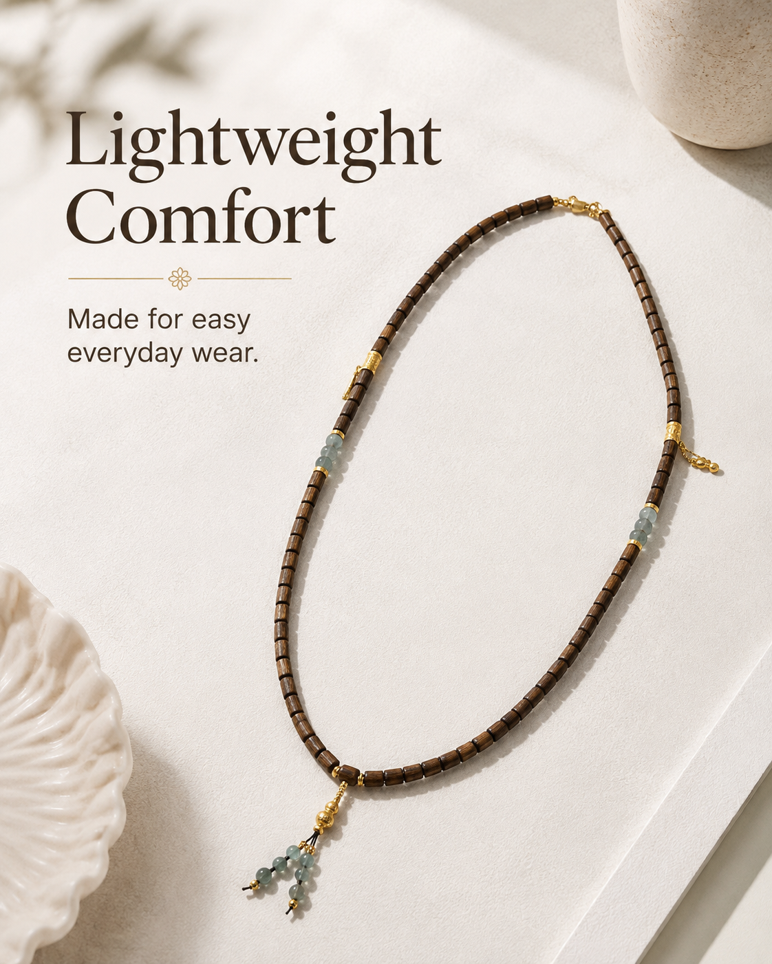 Qinvel™ Qinan Agarwood & Jadeite 108-Bead Wrap Necklace with 18K Gold Details