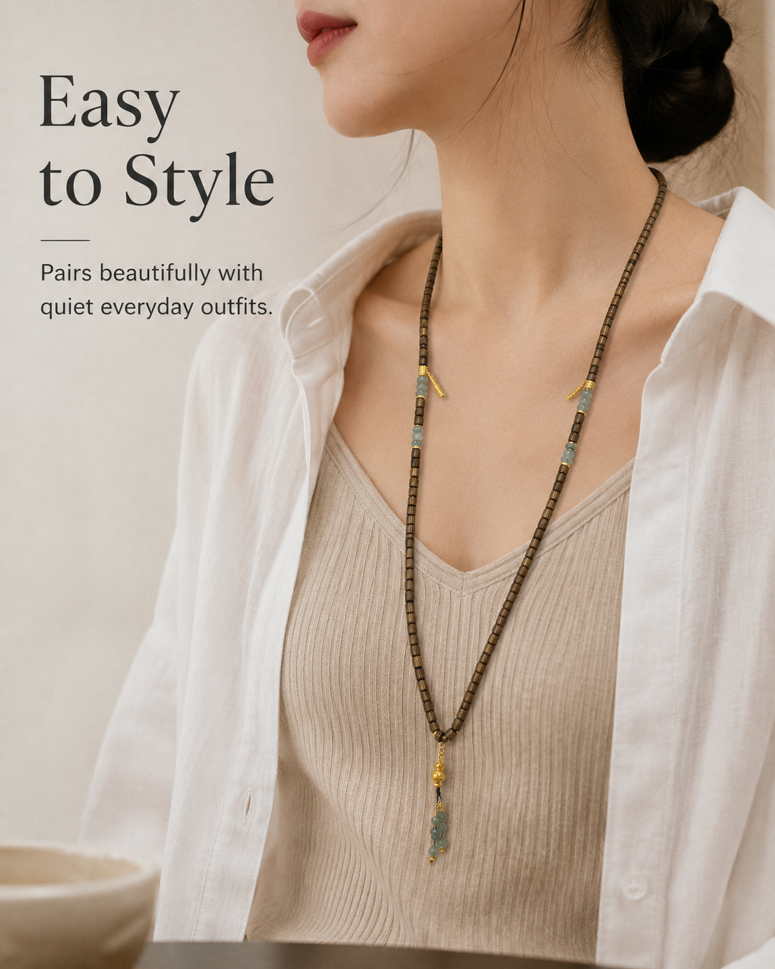 Qinvel™ Qinan Agarwood & Jadeite 108-Bead Wrap Necklace with 18K Gold Details