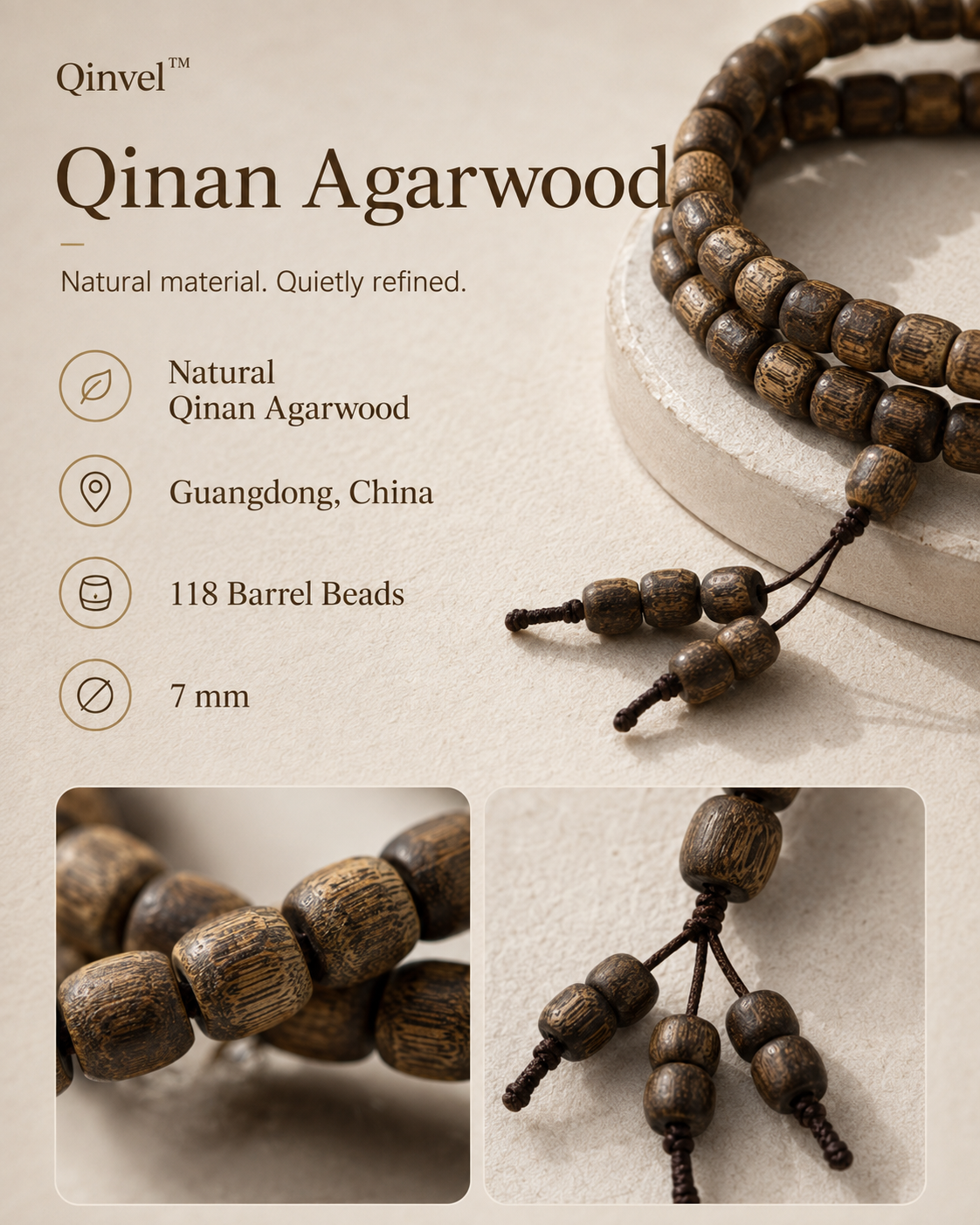 Qinvel™ Qinan Agarwood 118-Bead Barrel Mala Necklace – 7mm Natural Wood Beads