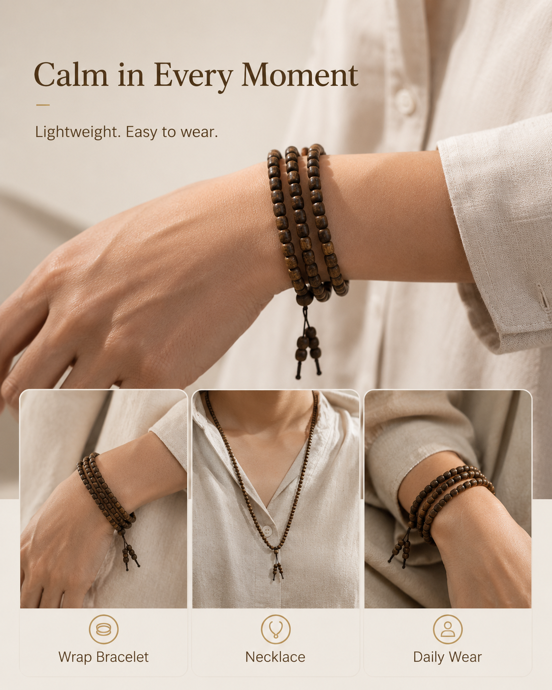 Qinvel™ Qinan Agarwood 118-Bead Barrel Mala Necklace – 7mm Natural Wood Beads