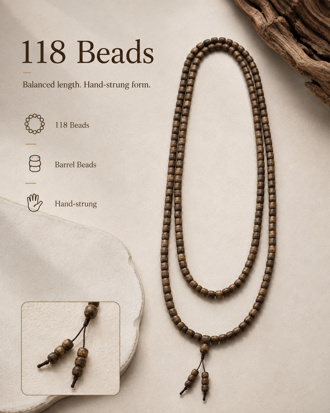 Qinvel™ Qinan Agarwood 118-Bead Barrel Mala Necklace – 7mm Natural Wood Beads