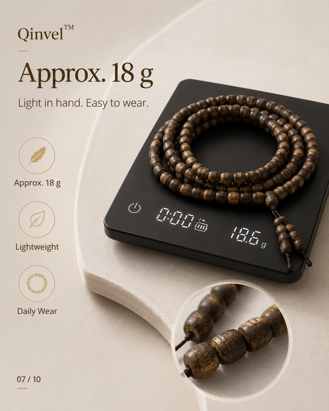 Qinvel™ Qinan Agarwood 118-Bead Barrel Mala Necklace – 7mm Natural Wood Beads
