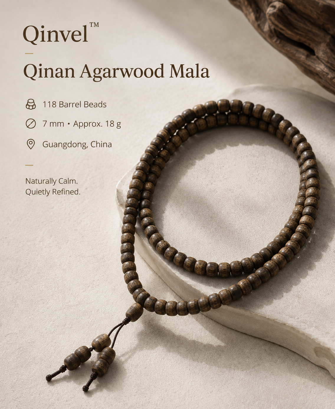 Qinvel™ Qinan Agarwood 118-Bead Barrel Mala Necklace – 7mm Natural Wood Beads