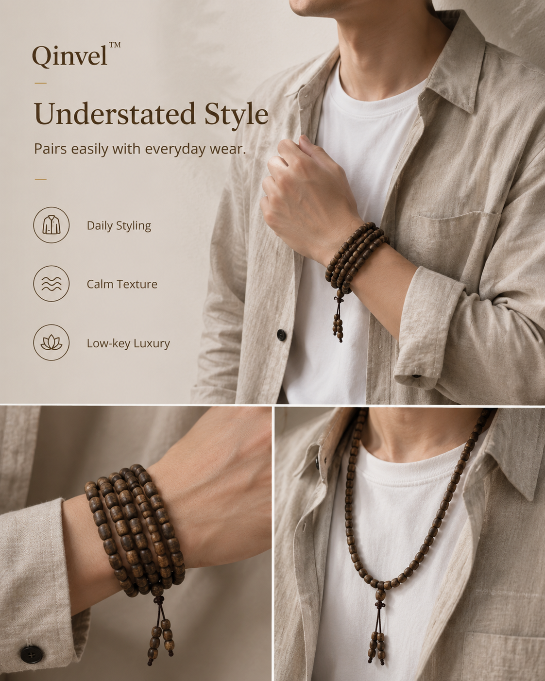 Qinvel™ Qinan Agarwood 118-Bead Barrel Mala Necklace – 7mm Natural Wood Beads