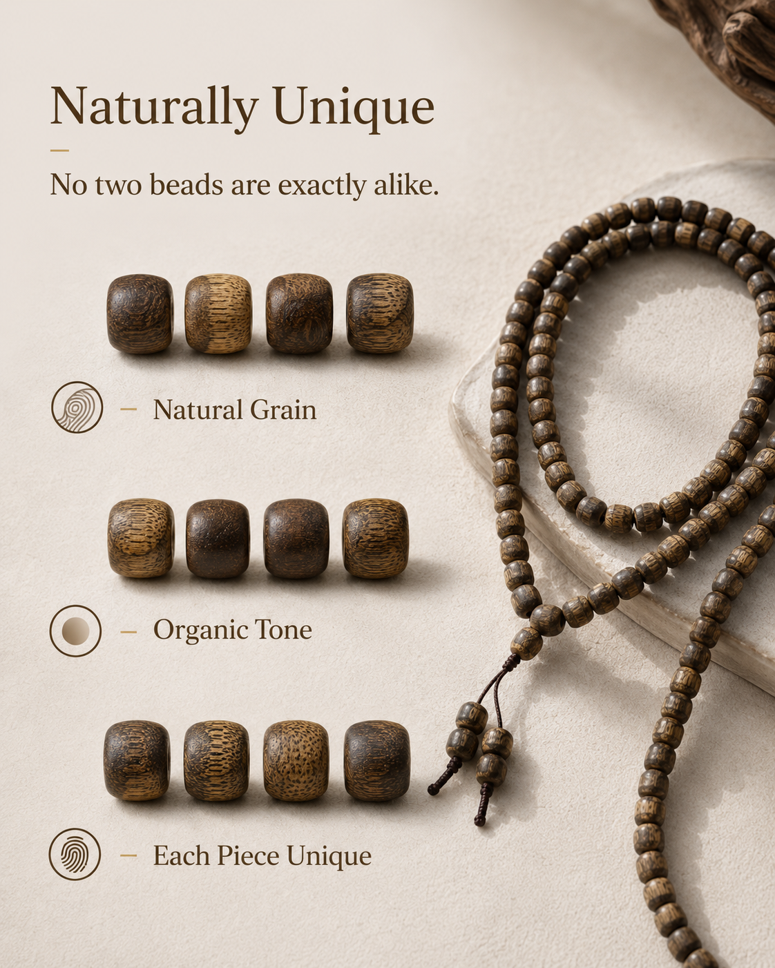 Qinvel™ Qinan Agarwood 118-Bead Barrel Mala Necklace – 7mm Natural Wood Beads