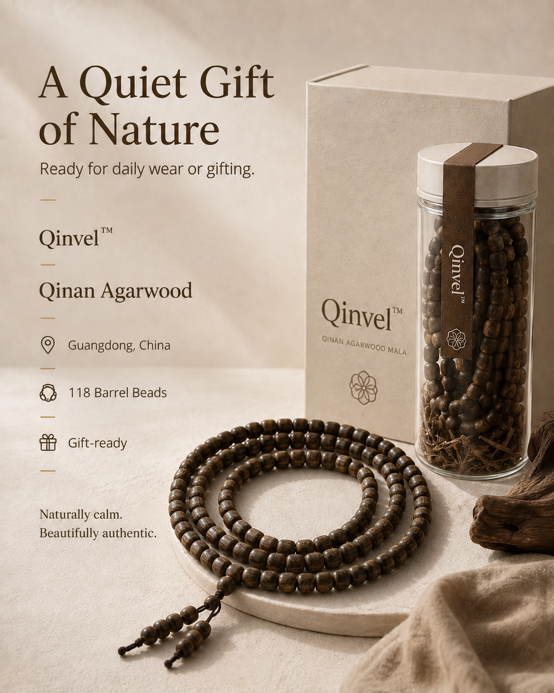 Qinvel™ Qinan Agarwood 118-Bead Barrel Mala Necklace – 7mm Natural Wood Beads