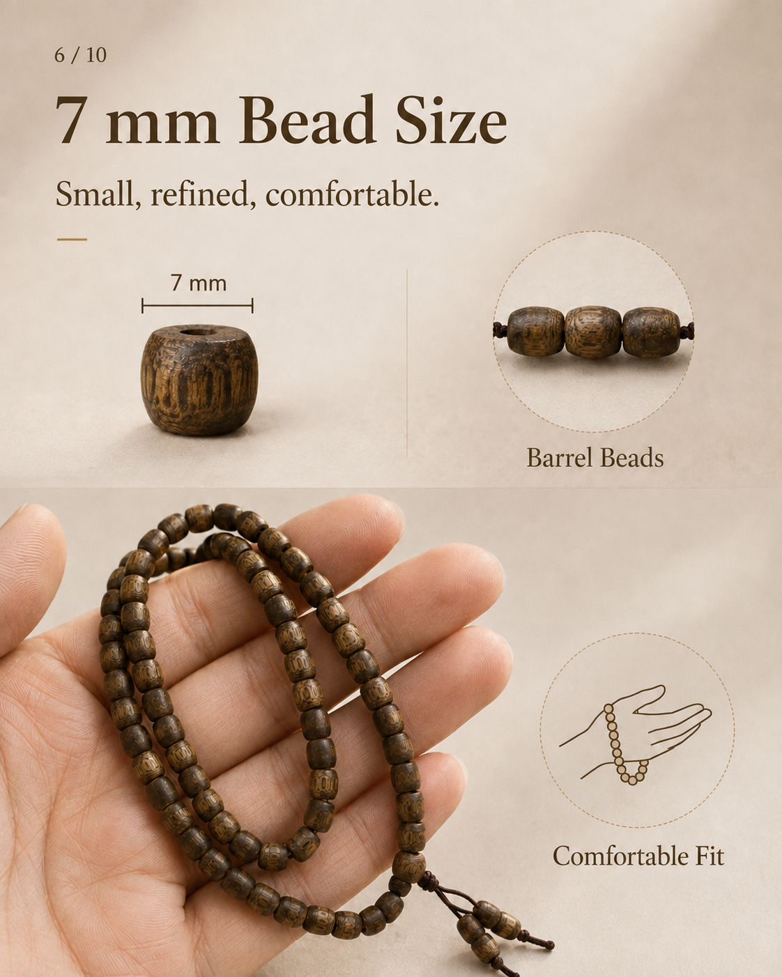 Qinvel™ Qinan Agarwood 118-Bead Barrel Mala Necklace – 7mm Natural Wood Beads